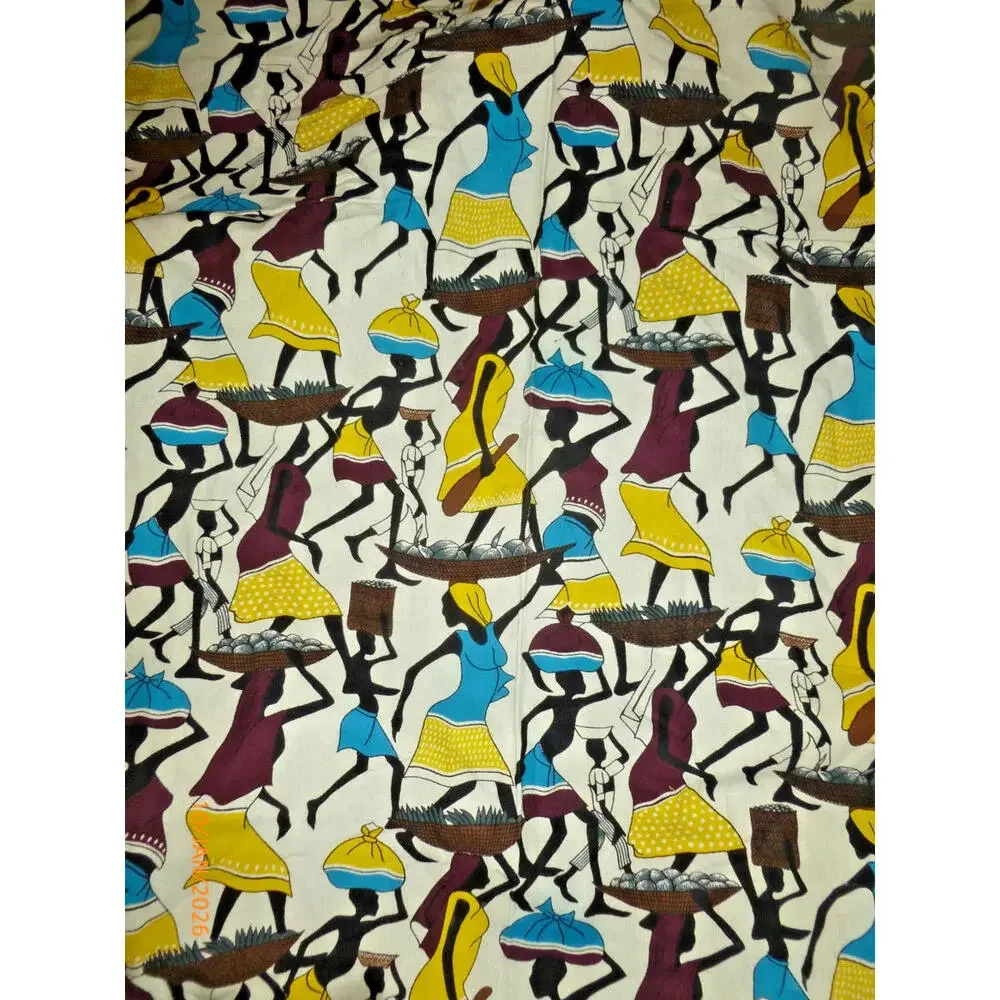 Vintage African Print Fabric Cotton Cloth Heavy Woven Screen Printed 48